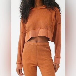 Urban Outfitters Terracotta Waffle Knit Crop Top and Flare Pant Loungewear Set